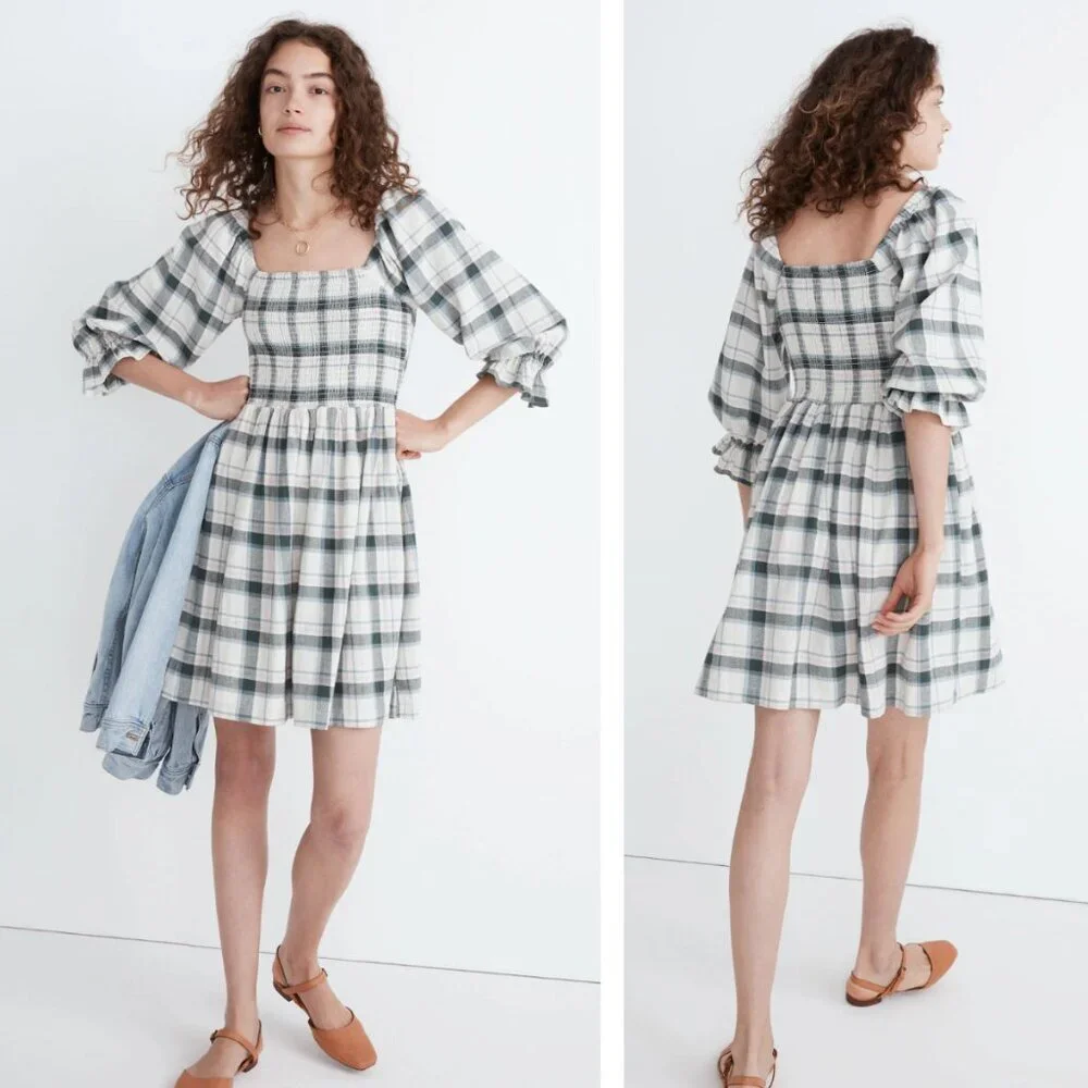 NWT Madewell Lucie Elbow-Sleeve Smocked Mini Dress Plaid